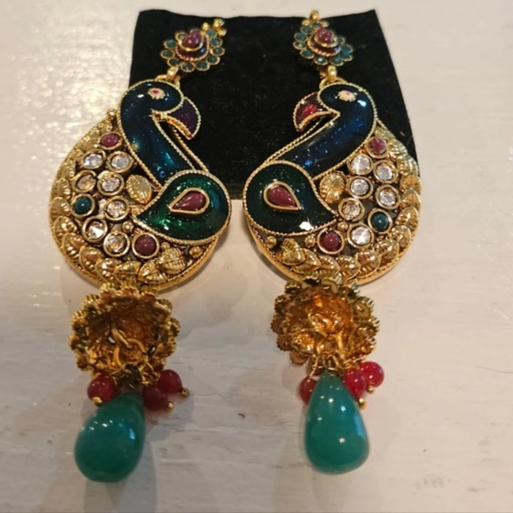 Bollywood Indian Peacock Meenakari Earrings Gold Tone Kundan Drop Dangle